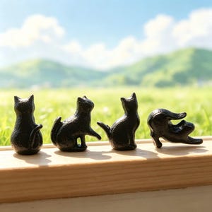 Peut inclure: Quatre petites figurines de chat noires et texturées disposées en rangée. Le premier chat est assis de dos, le deuxième est assis avec une patte levée, le troisième est assis droit et le quatrième est dans une posture d'étirement.