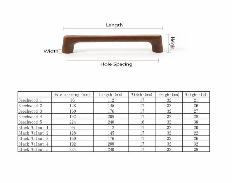 Peut inclure: Une poign&eacute;e de meuble en bois brun pr&eacute;sent&eacute;e avec un sch&eacute;ma indiquant la longueur, la largeur, la hauteur et l'entraxe. Un tableau ci-dessous liste les dimensions pr&eacute;cises en millim&egrave;tres et les poids en grammes pour divers mod&egrave;les.
