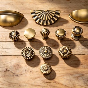 Peut inclure: Un ensemble de douze pièces de quincaillerie pour meubles en métal doré, comprenant trois poignées en forme de demi-lune et neuf boutons ronds. Les pièces présentent des textures variées, incluant des surfaces lisses, des motifs rayonnants et des bords tressés.
