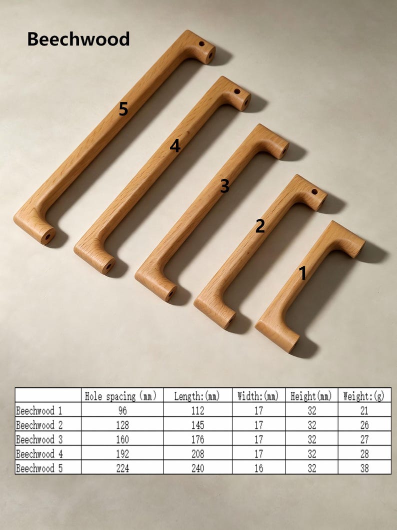 Peut inclure: Cinq poign&eacute;es de placard en bois de h&ecirc;tre clair dispos&eacute;es en diagonale, num&eacute;rot&eacute;es de 1 &agrave; 5. Un tableau affiche les sp&eacute;cifications, notamment l'entraxe, la longueur, la largeur, la hauteur et le poids en millim&egrave;tres et grammes.