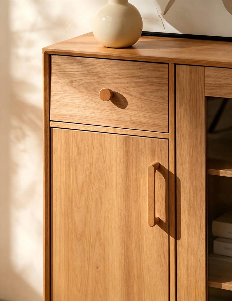 Peut inclure: Un buffet en bois de ch&ecirc;ne clair comprenant un tiroir sup&eacute;rieur avec un bouton rond en bois et une porte de placard en dessous munie d'une poign&eacute;e verticale en bois. Le meuble pr&eacute;sente une section vitr&eacute;e sur la droite avec des &eacute;tag&egrave;res.