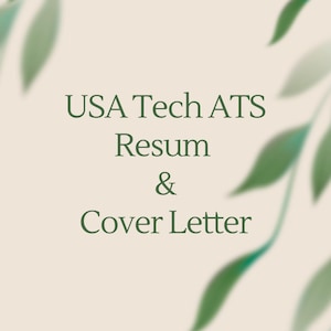 Puede incluir: Una plantilla de documento digital con el texto en verde oscuro USA Tech ATS Resum & Cover Letter centrado sobre un fondo beige claro, enmarcado por ilustraciones de hojas verdes suaves y borrosas en las esquinas opuestas.