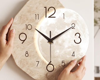 Minimalist wood moon wall clock, Japandi silent aesthetic timepiece - geometric living room decor
