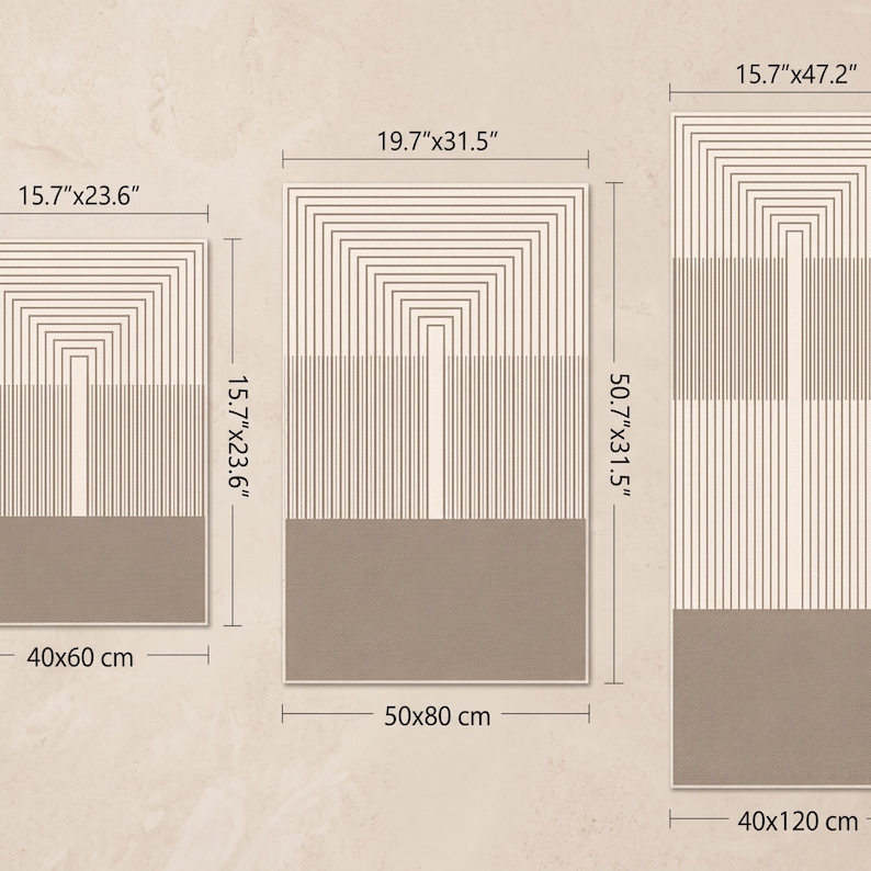 May include: Three rectangular wall art prints featuring a beige background with a pattern of thin brown lines forming nested arch shapes above a solid brown rectangular block. Dimensions are 15.7"x23.6", 19.7"x31.5", and 15.7"x47.2".