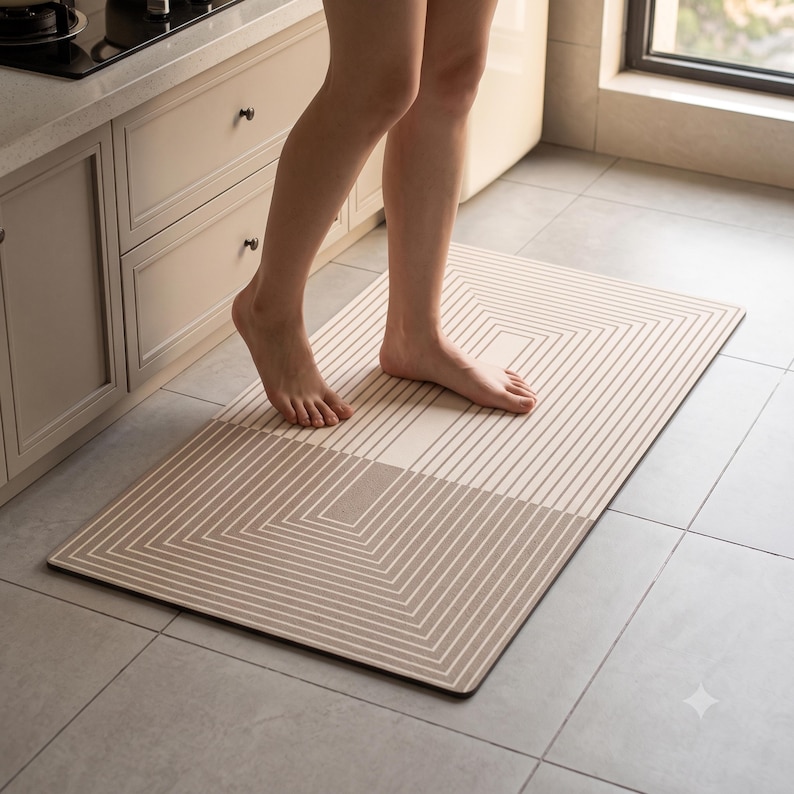 May include: A rectangular floor mat featuring a geometric pattern of concentric beige and white lines. The design consists of two mirrored sections of nested squares and rectangles, creating a symmetrical visual effect across the surface.