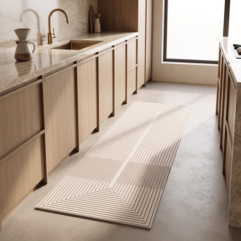 May include: A long rectangular runner rug featuring a cream-colored base with a geometric pattern of thin, dark brown parallel lines that form nested rectangular shapes and angular borders, laid flat on a smooth, light-colored kitchen floor.