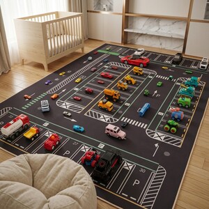 Puede incluir: Una alfombra de juego rectangular negra con un diseño impreso de estacionamiento urbano que incluye plazas numeradas, marcas viales blancas y varios vehículos de juguete pequeños, como coches y camiones, dispersos por toda la superficie.