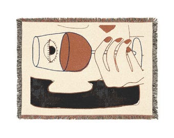 Manta tejida con arte abstracto de copas de vino / Tapiz moderno de mediados de siglo