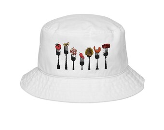 Grilled Skewer embroidery Bucket Hat | BBQ Corn Tomato Pepper design