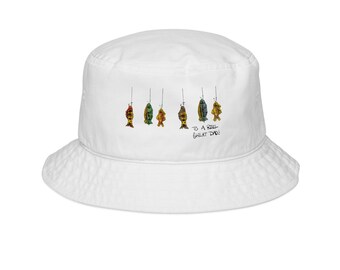 Sombrero tipo pescador para el Día del Padre con la inscripción "Reel Great Dad"