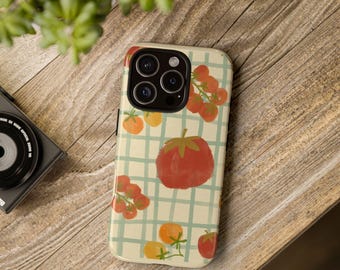 Funda para teléfono con diseño de tomate / Funda resistente con diseño de cuadrícula botánica.