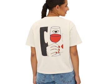 Ilustración abstracta de copa de vino en camiseta holgada para mujer / Arte lineal minimalista