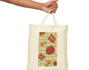 Tomato Pattern Tote Bag | Vintage Grid Produce Market Design