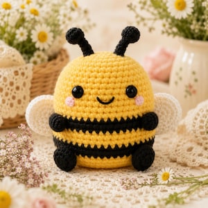 May include: A round, crocheted bee plush toy featuring a bright yellow body with horizontal black stripes, two small white wings, black antennae, and black limbs. The face has two large black eyes and a stitched smile with pink blush accents.