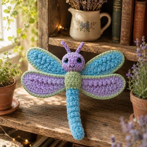 May include: A crocheted dragonfly plush toy featuring a purple head with black safety eyes, a light green thorax, and a long blue segmented tail. The four wings are textured with bobble stitches, coloured in light blue and purple with green borders.