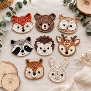 Patrón de apliques de ganchillo con motivos de animales del bosque para gorro (descarga en PDF)