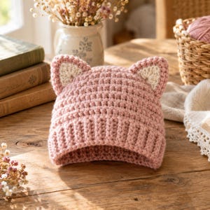 May include: A dusty pink crochet hat featuring two pointed cat-like ears on top. The hat is constructed with a textured, waffle-like stitch pattern and includes a ribbed brim. The inner sections of the ears are accented with a cream-coloured yarn.
