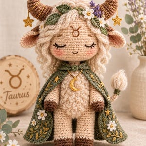 Puede incluir: Una muñeca de ganchillo que representa al signo Tauro, hecha con hilo color crema, cuernos y pezuñas marrones. Lleva una capa verde bordada con flores blancas y estrellas amarillas, un collar de media luna dorada y una corona de flores.