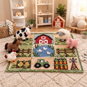 May include: A square crochet play mat featuring a farm theme with a red barn, a blue pond with white ducks, a green tractor, a carrot patch, and a windmill. The mat is surrounded by six plush crochet animals: a cow, horse, chicken, sheep, and pig.