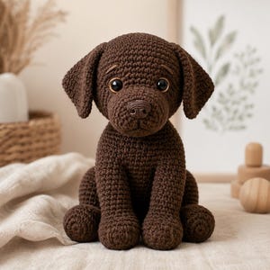 Puede incluir: Una figura de perro de ganchillo de color marrón oscuro con una superficie de hilo texturizado, orejas caídas y grandes ojos negros redondos y brillantes. El peluche se muestra en posición sentada, con costuras detalladas.