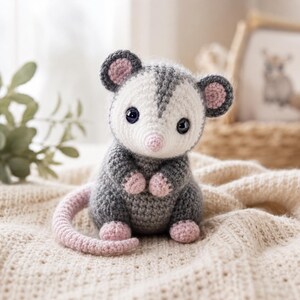 Puede incluir: Un animal de peluche tejido a ganchillo con forma de zarigüeya, con pelaje gris oscuro, cara blanca y detalles en rosa en las orejas, nariz, manos, pies y la larga cola. La criatura presenta grandes ojos redondos de plástico oscuro.