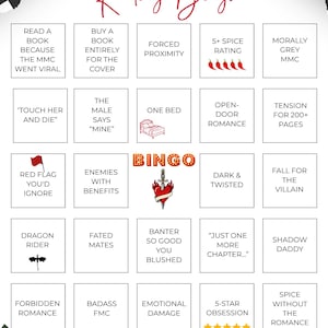 May include: A Romantasy Reading Bingo card featuring a black and white checkered border and red roses at the bottom. The grid contains twenty-five squares with various reading prompts, icons like chili peppers, a bed, a sword, and stars.