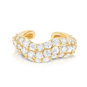 Brilliant Pave Diamond Wave Ear Cuff 3 Row Round Cut Diamond Cartilage Cuff Thick No Piercing Statement Earring Minimalist Modern Gold Cuff