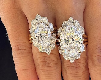 Anel solitário com diamante oval de laboratório de 4 quilates, aliança oval em formato de tiara, conjunto de alianças assimétricas de luxo com contornos sobrepostos.