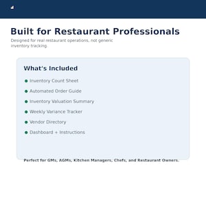 Könnte beinhalten: Ein digitales Dokument mit dem Titel Built for Restaurant Professionals. Es listet Funktionen auf, darunter ein Inventurzählblatt, einen automatisierten Bestellleitfaden, eine Inventarbewertungsübersicht, einen wöchentlichen Varianz-Tracker, ein Lieferantenverzeichnis sowie ein Dashboard mit Anweisungen.
