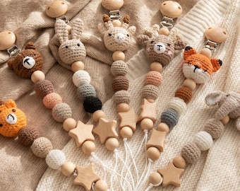 Custom Name Animal Pacifier Clip, Crochet Baby Soother Holder, Personalized Newborn Gift, Baptism Gift, Baby Shower Gift