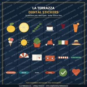 Peut inclure: Une planche de 24 autocollants numériques intitulée LA TERRAZZA DIGITAL STICKERS comprenant des icônes d'agrumes, de glace, de soleil, de plante en pot, de drapeau italien, de chapeau, de valise et des étiquettes comme BUONGIORNO, GRAZIE, TO DO, OGGI.