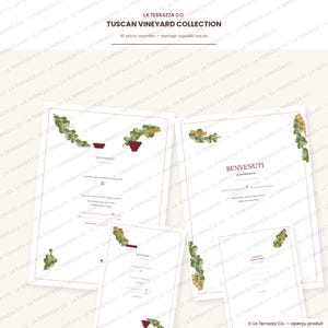 Puede incluir: Una colección de cuatro tarjetas de papelería blancas con temática de viñedo toscano, con ilustraciones de hojas de parra verdes y racimos de uvas rojas. El texto "LA TERRAZZA CO." y "TUSCAN VINEYARD COLLECTION" aparece en la parte superior.