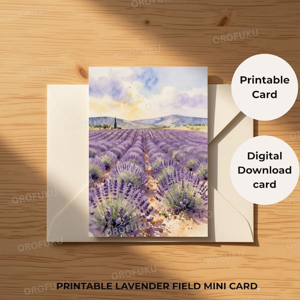 Minitarjeta imprimible de campo de lavanda, tarjeta pequeña de arte provenzal en acuarela, arte campestre francés, tarjeta plegable de descarga instantánea.