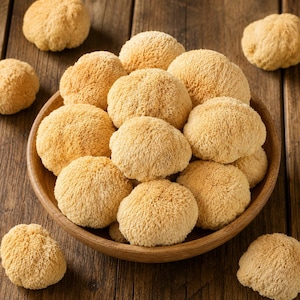 Puede incluir: Una colección de hongos melena de león de color tostado claro con una textura peluda similar a un pompón. Varios de estos hongos redondos y difusos están apilados dentro de un cuenco de madera, mientras que otros pocos descansan fuera.