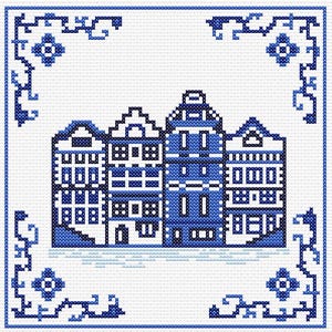 May include: A cross-stitch pattern featuring four tall, narrow houses in shades of dark and light blue on a white background. The design includes decorative floral corner accents and a subtle blue water reflection beneath the buildings.