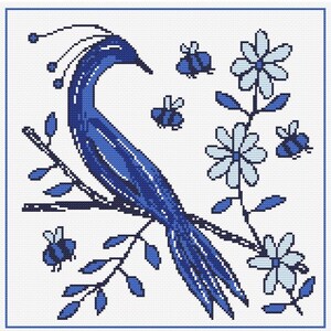 Delft Blue Bird Cross Stitch Pattern | Modern Dutch Heritage Pixel Art PDF Chart