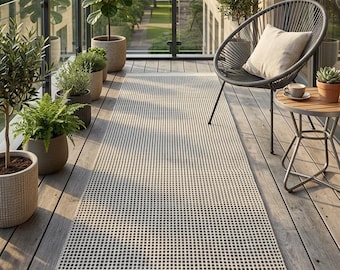 Alfombra de pasillo para interiores y exteriores / Alfombra geométrica moderna en beige y carbón / Alfombra para patio y balcón / Alfombra lavable para cocina y pasillo / Decoración neutra
