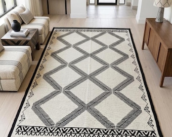 Moroccan Area Rug | Black & Cream Geometric Rug | Modern Boho Living Room Rug | Scandinavian Farmhouse Carpet | Large Neutral Area Rug