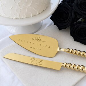 Custom Engraved Cake Server Set, Gold Wedding Knife, Personalized Bride Gift