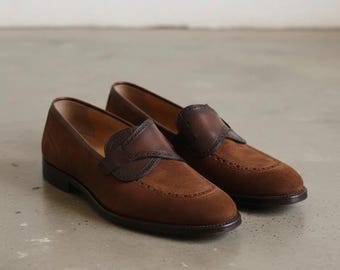 Handmade Penny Suede Loafers | Genuine Leather Slip-On Shoes | Smart Casual Dress Shoes | Modern Mens Formal Footwear