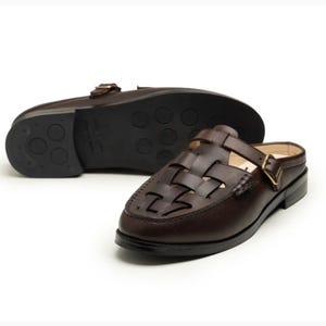 Men’s leather fisherman mules, brown slip-on clogs, backless buckle loafers