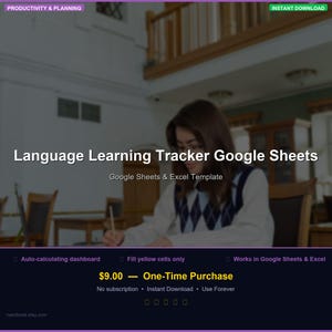 Language Learning Tracker Google Sheets | Vocabulary Study Hours Fluency | Language Spreadsheet | Vocab Tracker