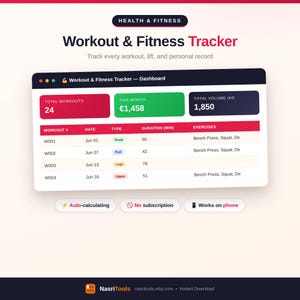 Workout Tracker Spreadsheet | Workout Tracker Google Sheets Template 2025 | Gym Log | Exercise Progress Tracker | Fitness Planner