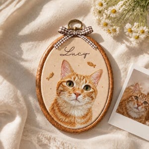 Broderiring för kattporträtt, handsydd minneskonst för husdjur, sentimentalt minne av förlust av katt