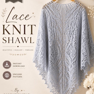 Può includere: Uno scialle in maglia di pizzo azzurro di forma triangolare appeso a una gruccia di legno. Il testo sull'immagine recita: KNITTING PATTERN PDF, Lace KNIT SHAWL, BEAUTIFUL ELEGANT TIMELESS, INSTANT DOWNLOAD, ENGLISH PATTERN, By KAGHAZBAYAMAN, HANDMADE WITH LOVE.