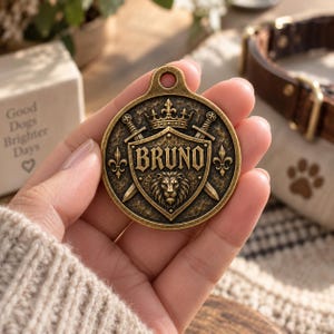 Könnte beinhalten: Eine runde Haustier-Identifikationsmarke aus messingfarbenem Metall mit antikem Finish. Das Relief zeigt einen Schild, eine Krone, zwei gekreuzte Schwerter und einen Löwenkopf. Der Name BRUNO ist mittig auf dem Schild eingraviert und von Lilien flankiert.