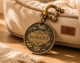 Vintage Brass Dog Tag Deep Engraved, Botanical Crest Pet ID Charm, Floral Border Puppy Name Tag, Heirloom Dog Gift