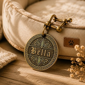 May include: A round, antique-finish brass pet ID tag featuring an intricate braided border and decorative scrollwork. The name Bella is engraved in a gothic-style font across the centre. The tag is attached to a sturdy metal shackle connector.