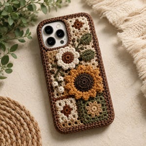 May include: A rectangular smartphone case featuring a brown crocheted border and a textured surface composed of various square granny motifs in cream, brown, and olive green, accented with three-dimensional crocheted sunflower and floral appliqués.