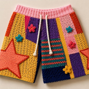Könnte beinhalten: Häkelshorts mit Patchwork-Design in verschiedenen Farben wie Gelb, Lila, Pink, Orange und Türkis. Die Shorts haben einen gerippten rosa Bund mit weißen Kordelzügen und sind mit applizierten Sternen und Blumen verziert.
